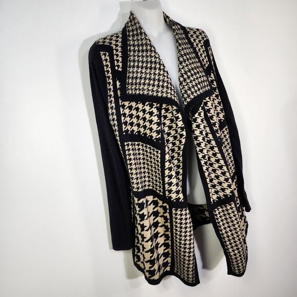 Sioni Sweater Cardigan Women Small Black Tan Patchwork Houndstooth Wool Cashmere - Picture 4 of 10